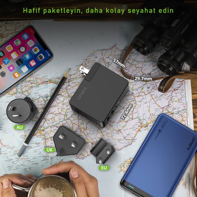Omars 45W Çift USB ve Type-C PD Evrensel Hızlı Şarj Cihazı