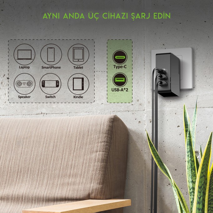 Omars 45W Çift USB ve Type-C PD Evrensel Hızlı Şarj Cihazı