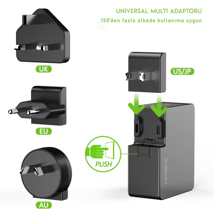 Omars 45W Çift USB ve Type-C PD Evrensel Hızlı Şarj Cihazı