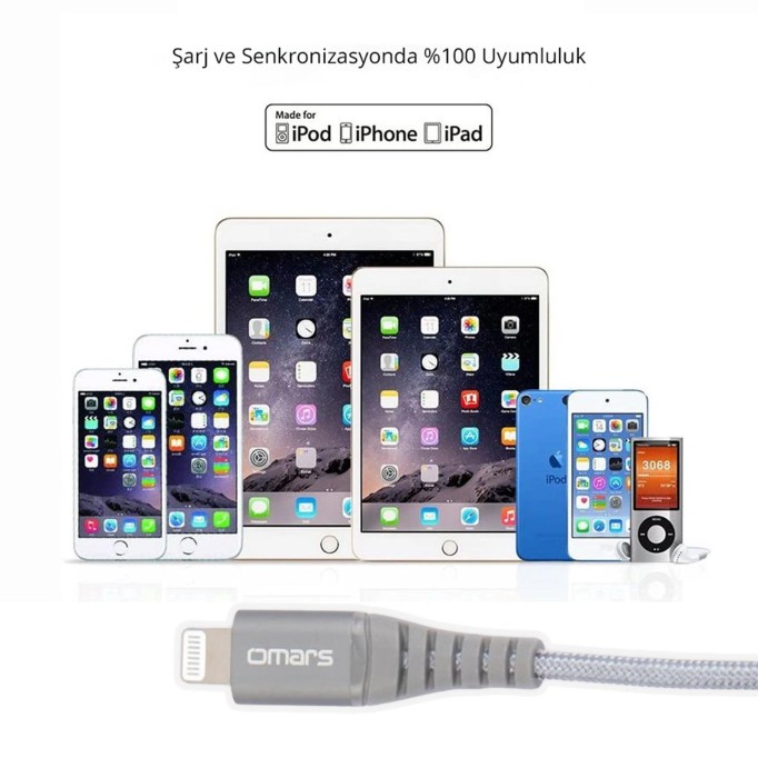 Omars MFI Lightning iPhone Hızlı Şarj ve Data Kablosu 1 Metre Gri
