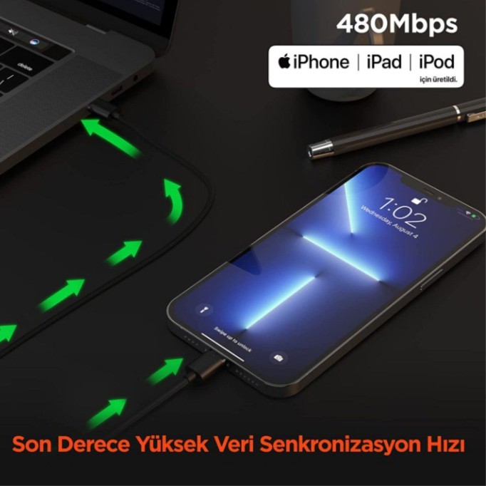 Omars iPhone Type-C to Lightning Örgülü Hızlı Şarj ve Data Kablosu 1 Metre Siyah