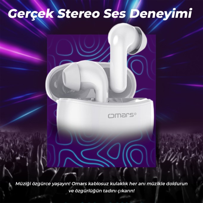 Omars TWS Bluetooth 5.1 Dokunmatik Kablosuz Kulakiçi Kulaklık Beyaz