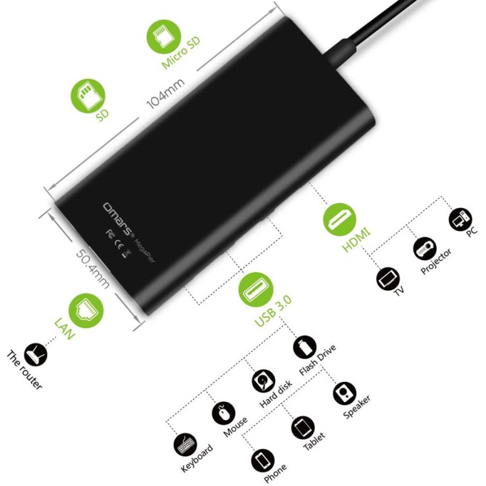 Omars Type-C to 3 Port USB 3.0 HDMI Ethernet SD TF Hub Çoklayıcı