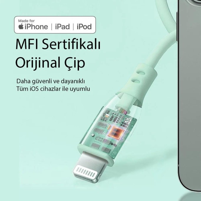 Omars USB-C to MFI Lightning iPhone Silikon PD Hızlı Şarj Kablosu Yeşil