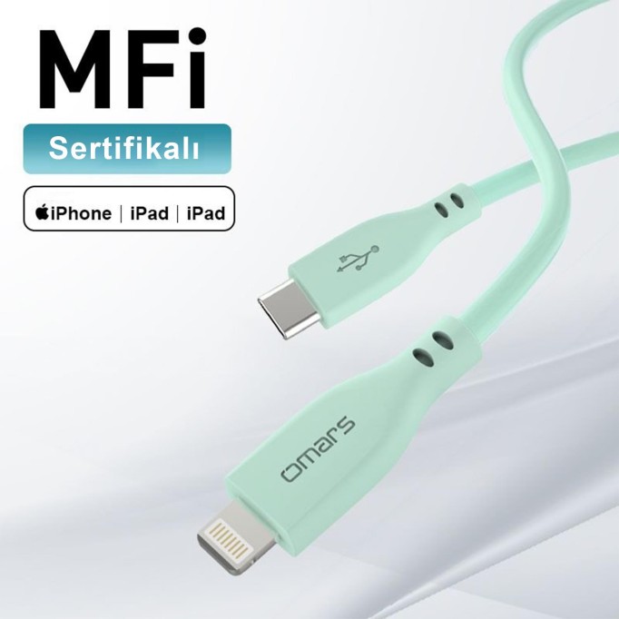 Omars USB-C to MFI Lightning iPhone Silikon PD Hızlı Şarj Kablosu Yeşil