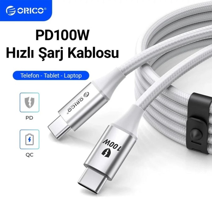 Orico 100W 5A PD Type-C to Type-C Hızlı Şarj ve Data Kablosu 1 Metre Beyaz