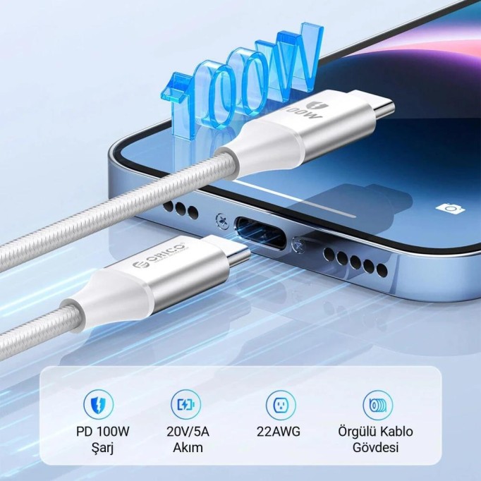 Orico 100W 5A PD Type-C to Type-C Hızlı Şarj ve Data Kablosu 1 Metre Beyaz