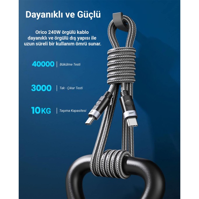 Orico 240W 5A PD Type-C to Type-C Hızlı Şarj ve Data Kablosu 1 Metre