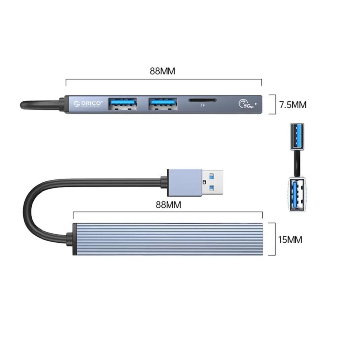 Orico 3 Portlu USB 3.0 Çoklayıcı TF Micro SD Kart Okuyucu Hub Alüminyum