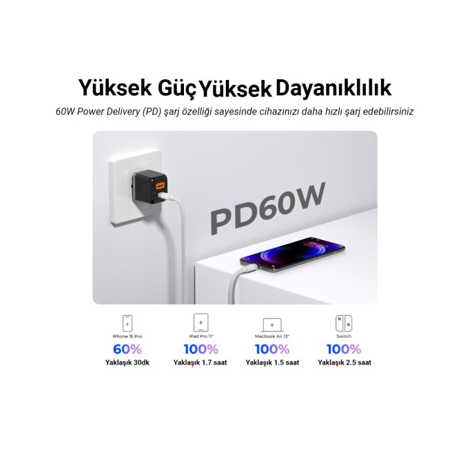 Orico 3A 60W PD Type-C to Type-C Hızlı Şarj ve Data Kablosu 1 Metre Siyah