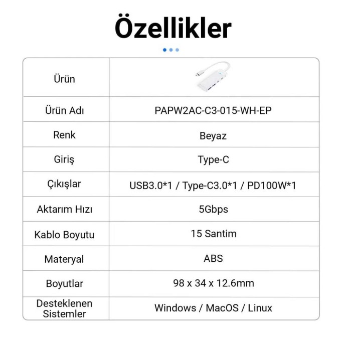 Orico 4 Portlu Type-C to USB 3.0 / Type-C PD 100W Yüksek Hızlı 5Gbps HUB Çoklayıcı Beyaz