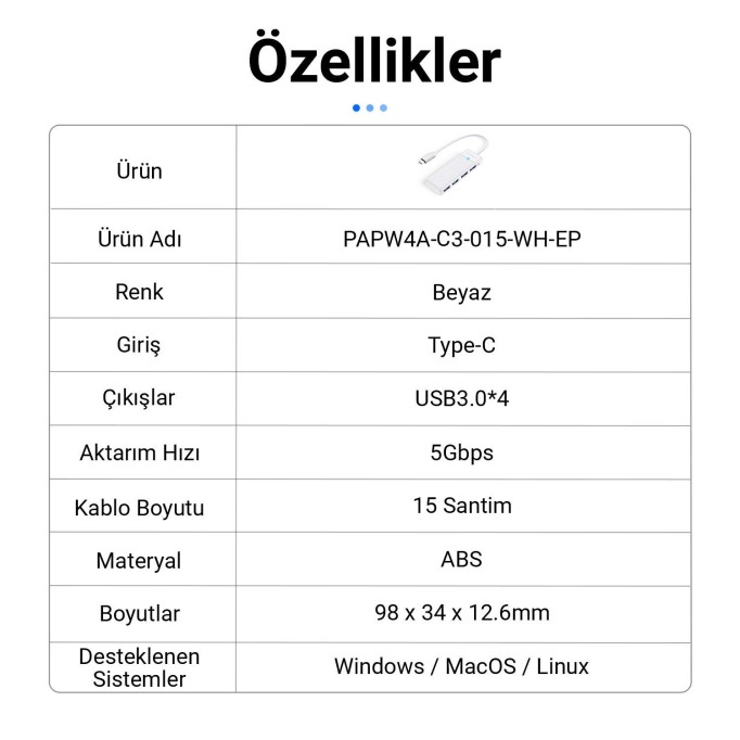 Orico 4 Portlu Type-C to USB 3.0 Yüksek hızlı 5Gbps HUB Çoklayıcı Beyaz
