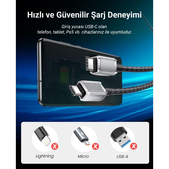 Orico 60W 3A PD Type-C to Type-C Hızlı Şarj ve Data Kablosu 1.5 Metre