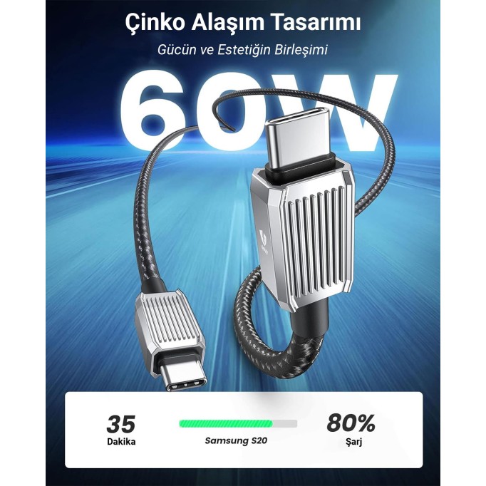 Orico 60W 3A PD Type-C to Type-C Hızlı Şarj ve Data Kablosu 1 Metre