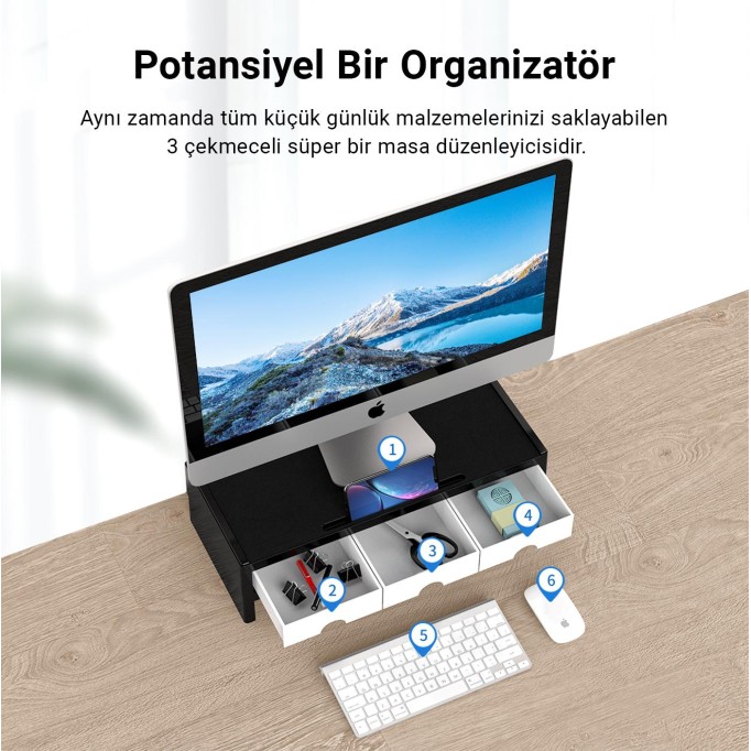 Orico Çok Fonksiyonlu Organizer Çekmeceli Monitör Standı Yükseltici Beyaz