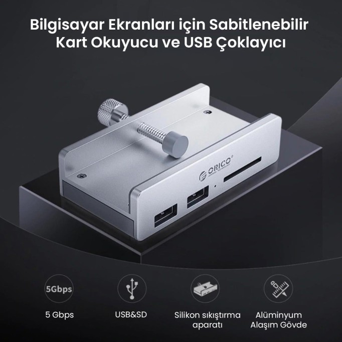 Orico Kenar Kelepçeli USB 3.0 4 Portlu SD Kart Okuyuculu HUB Çoklayıcı