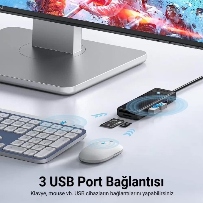 Orico Type-C to 3.0 TF SD Kart Okuyucu 3 Portlu USB 3.0 Çoklayıcı Adaptör Siyah