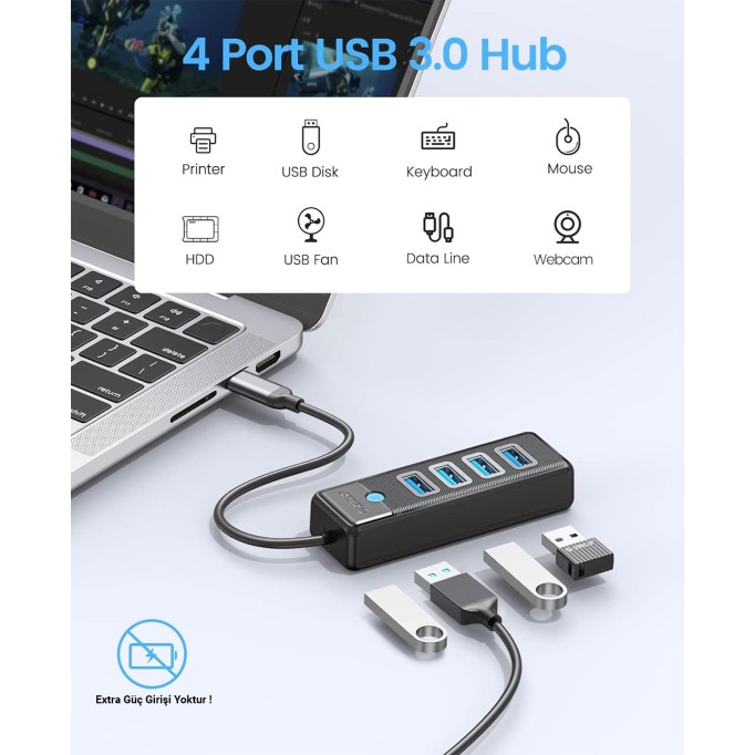 Orico Type-C to USB-A 3.0 4 Portlu Ultra Slim USB Çoklayıcı Hub Siyah