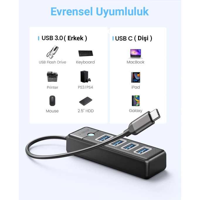 Orico Type-C to USB-A 3.0 4 Portlu Ultra Slim USB Çoklayıcı Hub Siyah