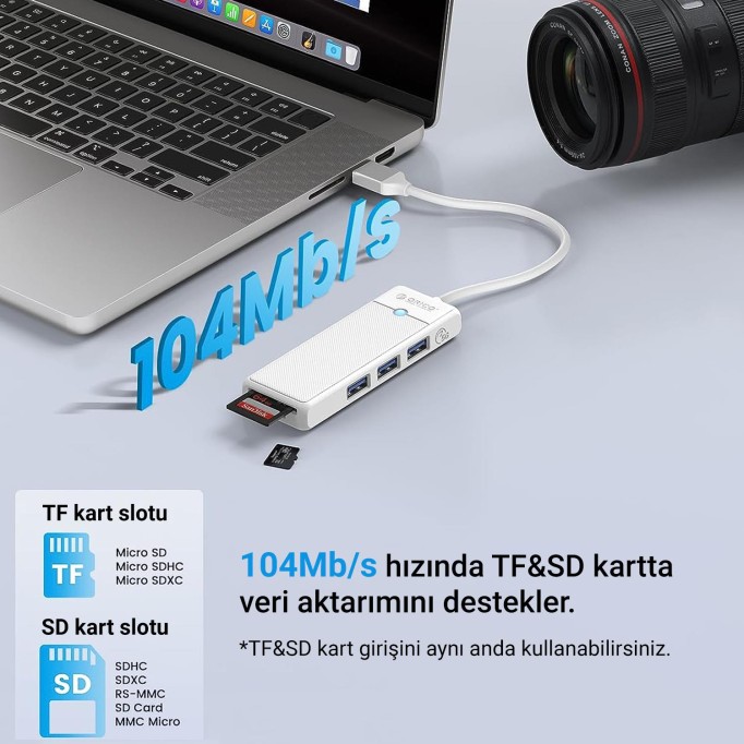 Orico USB 3.0 to 3.0 TF SD Kart Okuyucu 3 Portlu USB 3.0 Çoklayıcı Adaptör Beyaz