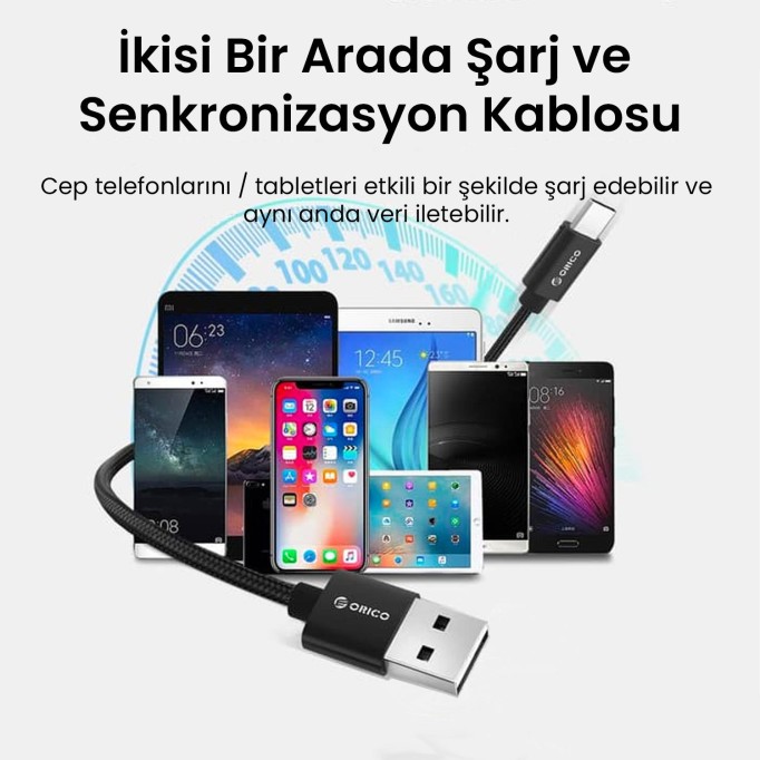 Orico USB to Type-C 3A Örgülü Data ve Şarj Kablosu 1 Metre Gümüş