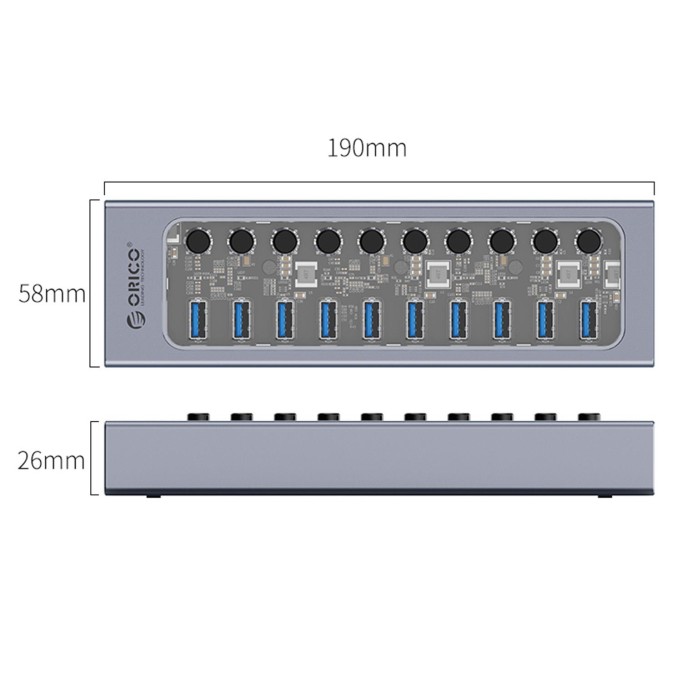 Orico USB3.0 Alüminyum 10 Portlu Anahtarlı USB Çoklayıcı Hub Şeffaf