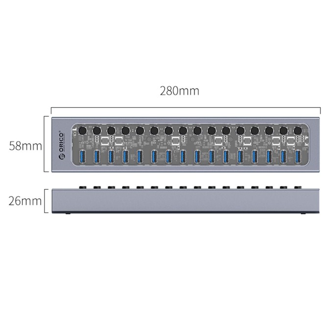 Orico USB3.0 Alüminyum 16 Portlu Anahtarlı USB Çoklayıcı Hub Şeffaf