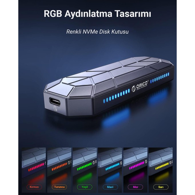 Orico USB3.1 Gen2 10Gbps UASP M.2 NVMe SSD RGB Renkli Disk Kutusu Alüminyum