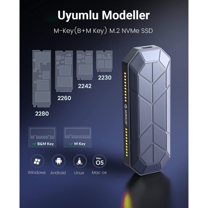 Orico USB3.1 Gen2 10Gbps UASP M.2 NVMe SSD RGB Renkli Disk Kutusu Alüminyum