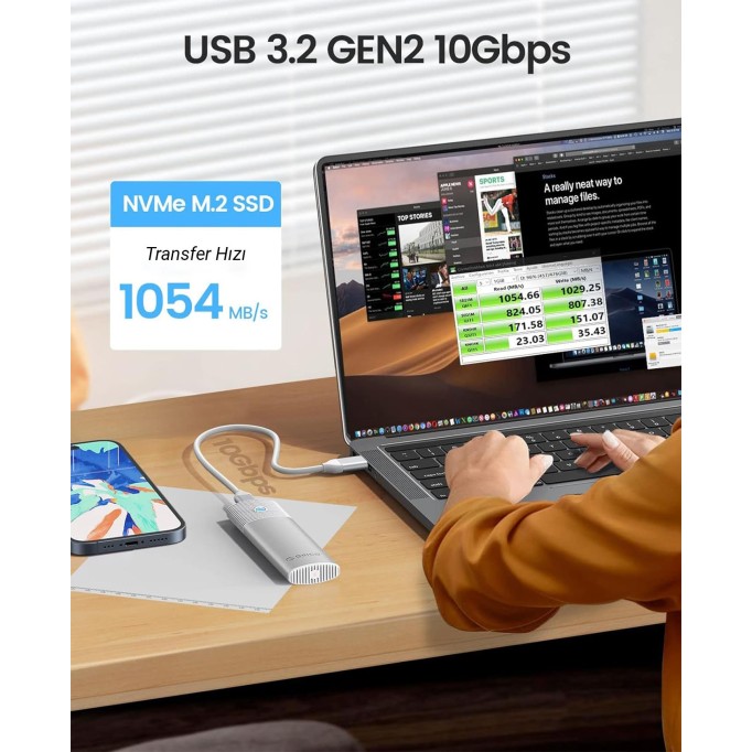 Orico USB3.2 Gen2 10Gbps Type-C M.2 NVMe SSD Disk Kutusu Alüminyum Beyaz