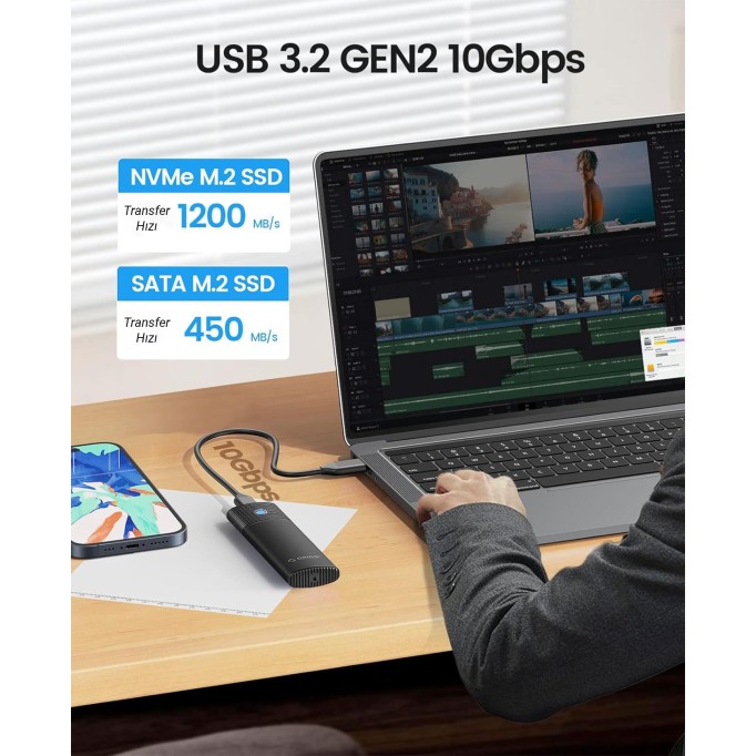 Orico USB3.2 Gen2 10Gbps Type-C M.2 NVMe SSD Disk Kutusu Alüminyum Siyah