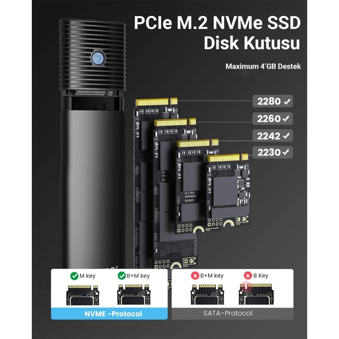 Orico USB3.2 Gen2 10Gbps Type-C M.2 NVMe SSD Disk Kutusu Alüminyum Siyah