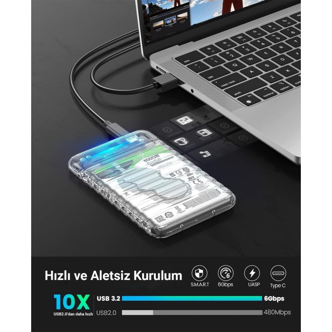Orico USB3.2 Gen2 6Gbps Type-C 2.5” inch SATA SSD Hard Disk Kutusu Şeffaf