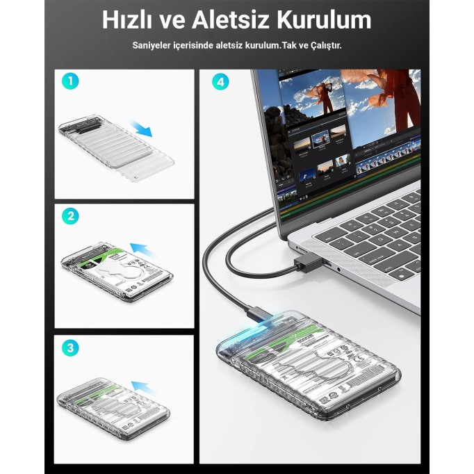 Orico USB3.2 Gen2 6Gbps Type-C 2.5” inch SATA SSD Hard Disk Kutusu Şeffaf