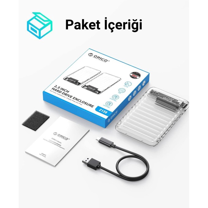 Orico USB3.2 Gen2 6Gbps Type-C 2.5” inch SATA SSD Hard Disk Kutusu Şeffaf