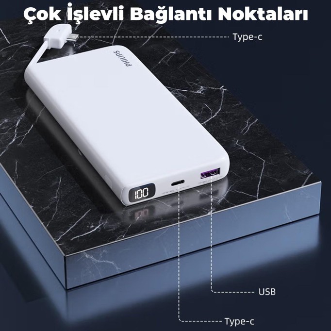 Philips 10000 mAh 22.5W USB ve Type-C PD Üç Çıkışlı Led Göstergeli Powerbank