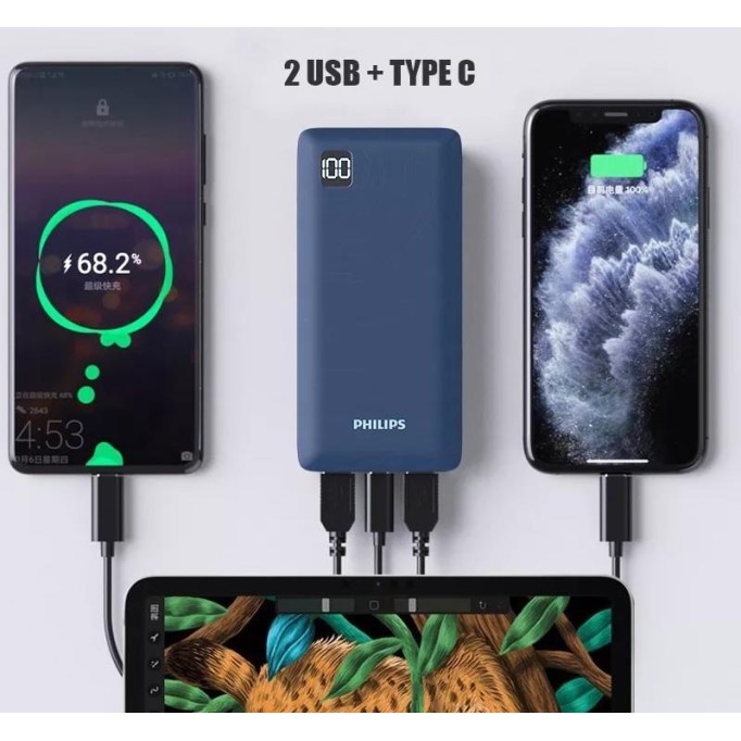 Philips 20000 mAh 22.5W USB ve Type-C PD Üç Çıkışlı Led Göstergeli Powerbank