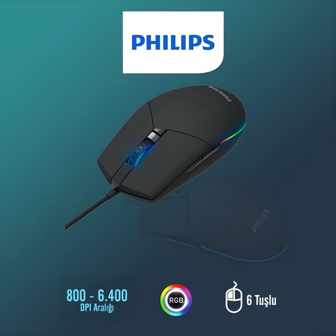 Philips Ambiglow Gaming Mouse 6400 DPI RGB Işıklandırma 6 Butonlu Kablolu Oyuncu Mouse