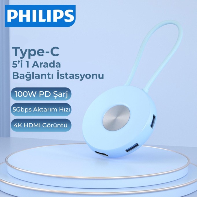 Philips SWR1670 Type-C to 3*USB 3.0 HDMI PD 3.0 Dönüştürücü Adaptör Mavi