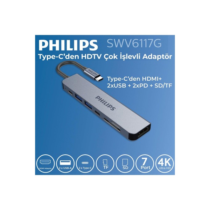 Philips Type C to PD 87W HDMI USB SD Micro SD Dönüştürücü Hub