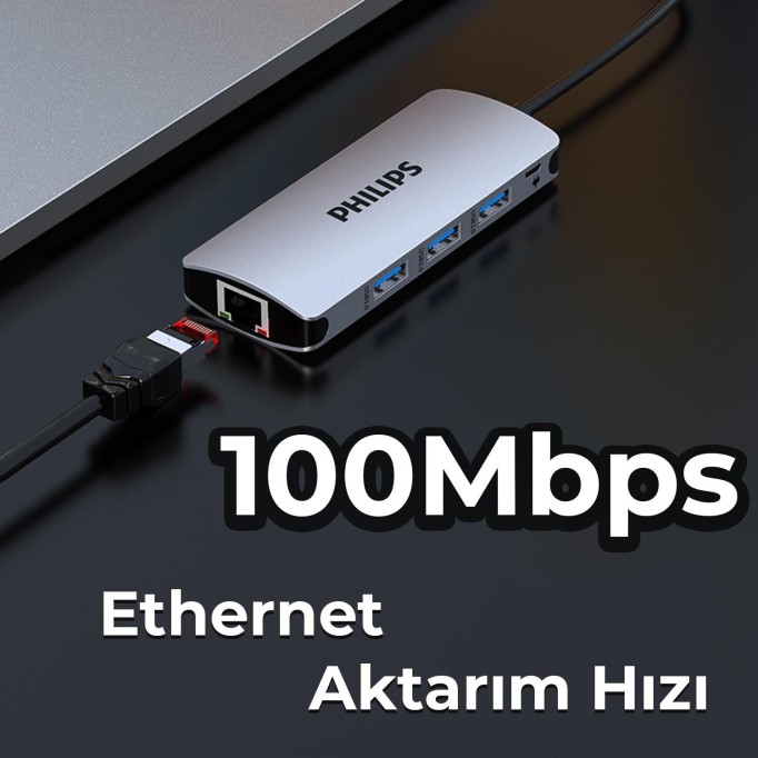 Philips Type-C to USB 3.0 Çoklayıcı ve RJ45 100Mbps Ethernet Dönüştürücü