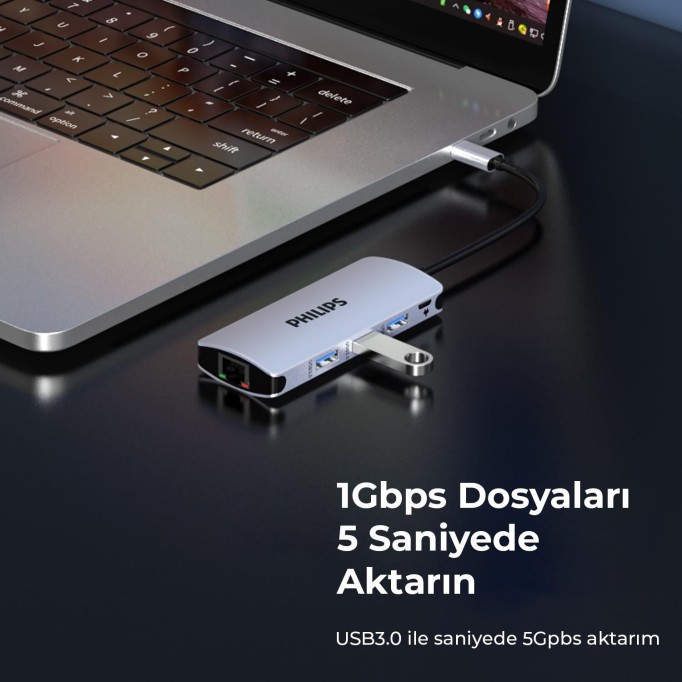 Philips Type-C to USB 3.0 Çoklayıcı ve RJ45 100Mbps Ethernet Dönüştürücü