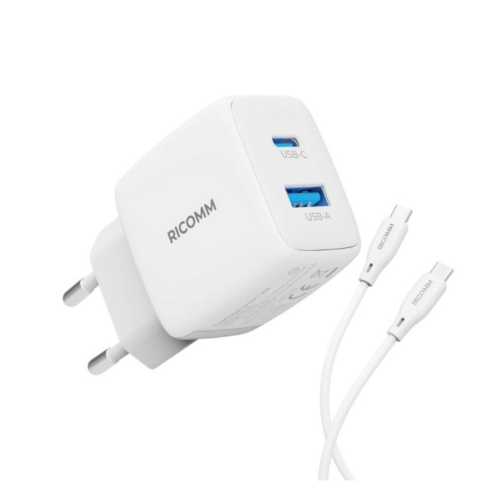 Ricomm 25W GaN USB-C + USB-A Şarj Aleti PPS PD Hızlı Şarj Cihazı + 2 Metre Type-C 60W Şarj Kablosu