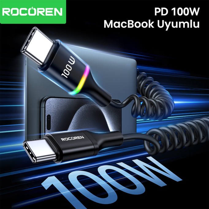 Rocoren 100W 5A E-Marker Çipli Spiral Type-C to Type-C Hızlı Şarj ve Data Kablosu 1.6 Metre