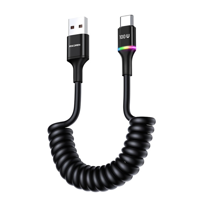 Rocoren 100W 7A Spiral RGB LED Işıklı Spiral Type-C Hızlı Şarj ve Data Kablosu 1.6 Metre