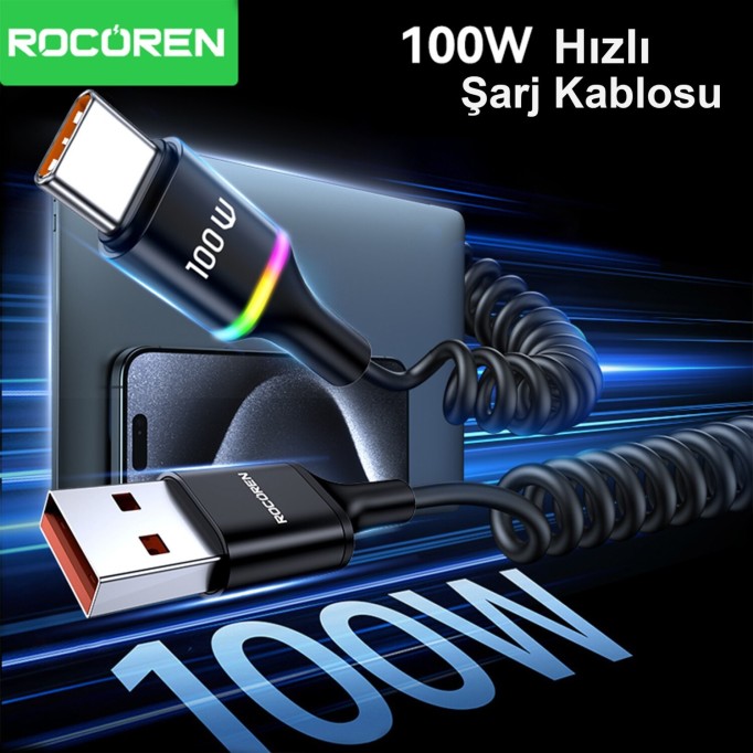 Rocoren 100W 7A Spiral RGB LED Işıklı Spiral Type-C Hızlı Şarj ve Data Kablosu 1.6 Metre