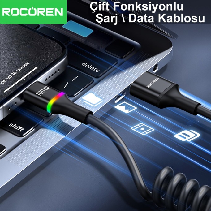 Rocoren 100W 7A Spiral RGB LED Işıklı Spiral Type-C Hızlı Şarj ve Data Kablosu 1.6 Metre