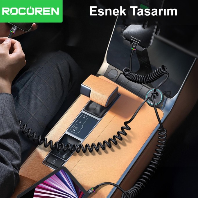 Rocoren 100W 7A Spiral RGB LED Işıklı Spiral Type-C Hızlı Şarj ve Data Kablosu 1.6 Metre