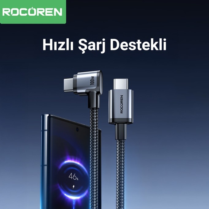 Rocoren 100W Type-C to Type-C 90° Örgülü PD Hızlı Şarj ve Data Kablosu 1 Metre