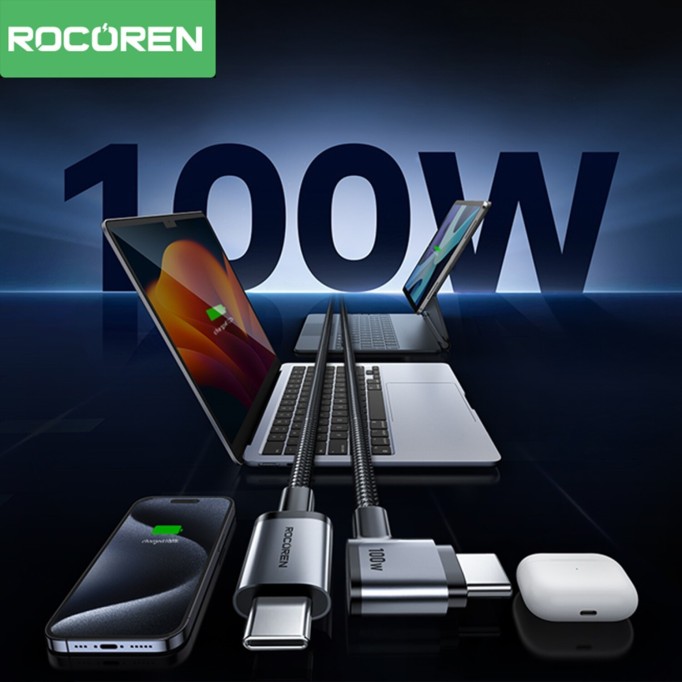 Rocoren 100W Type-C to Type-C 90° Örgülü PD Hızlı Şarj ve Data Kablosu 2 Metre